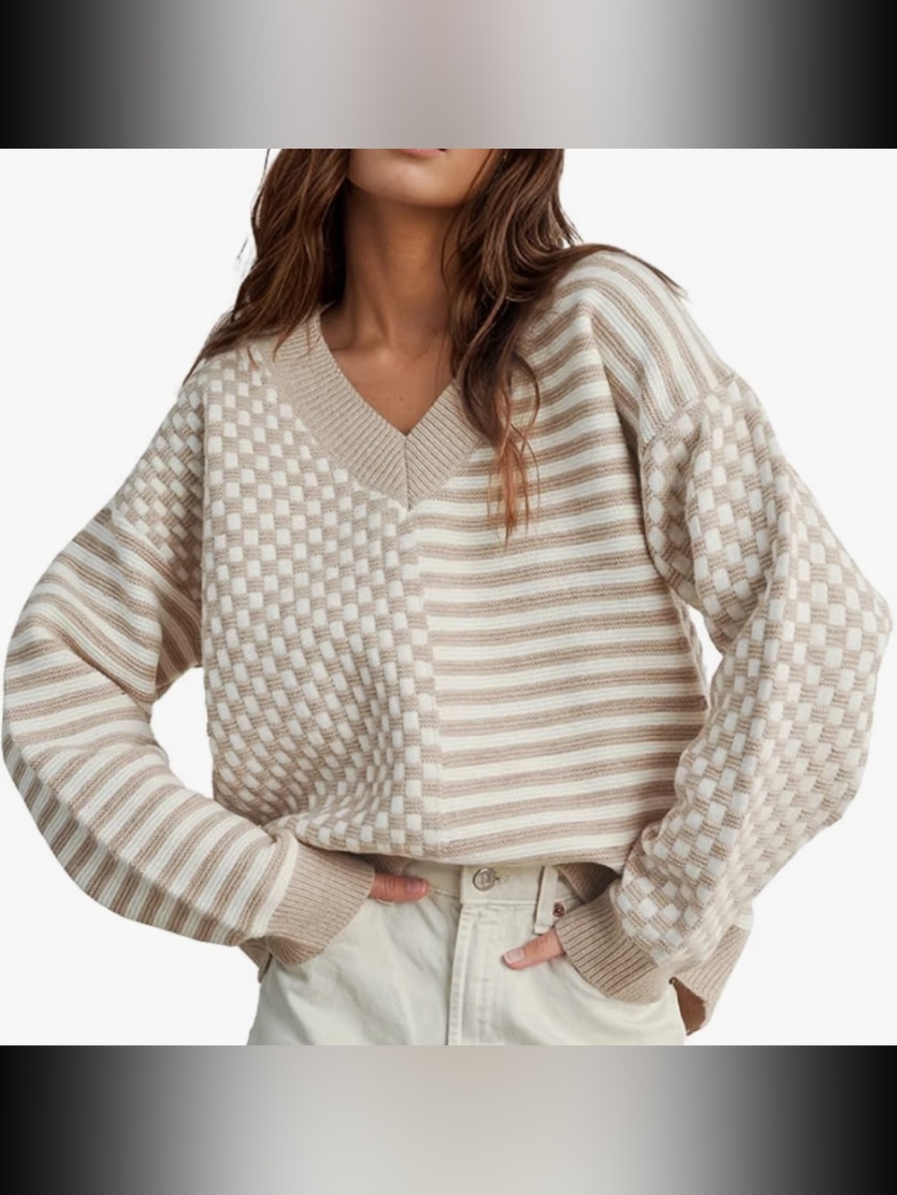 Cream & White V-Neck Mixed Knit Sweater